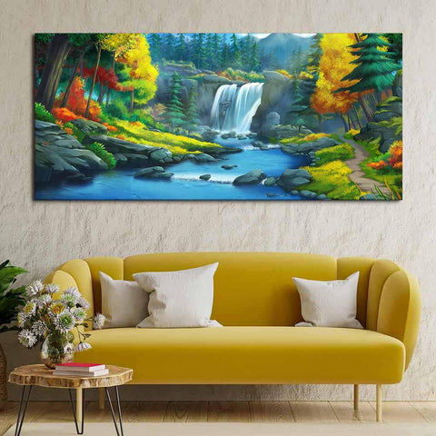 A Beautiful Waterfall In Forest Premium Wall Painting - Decor Mantra 