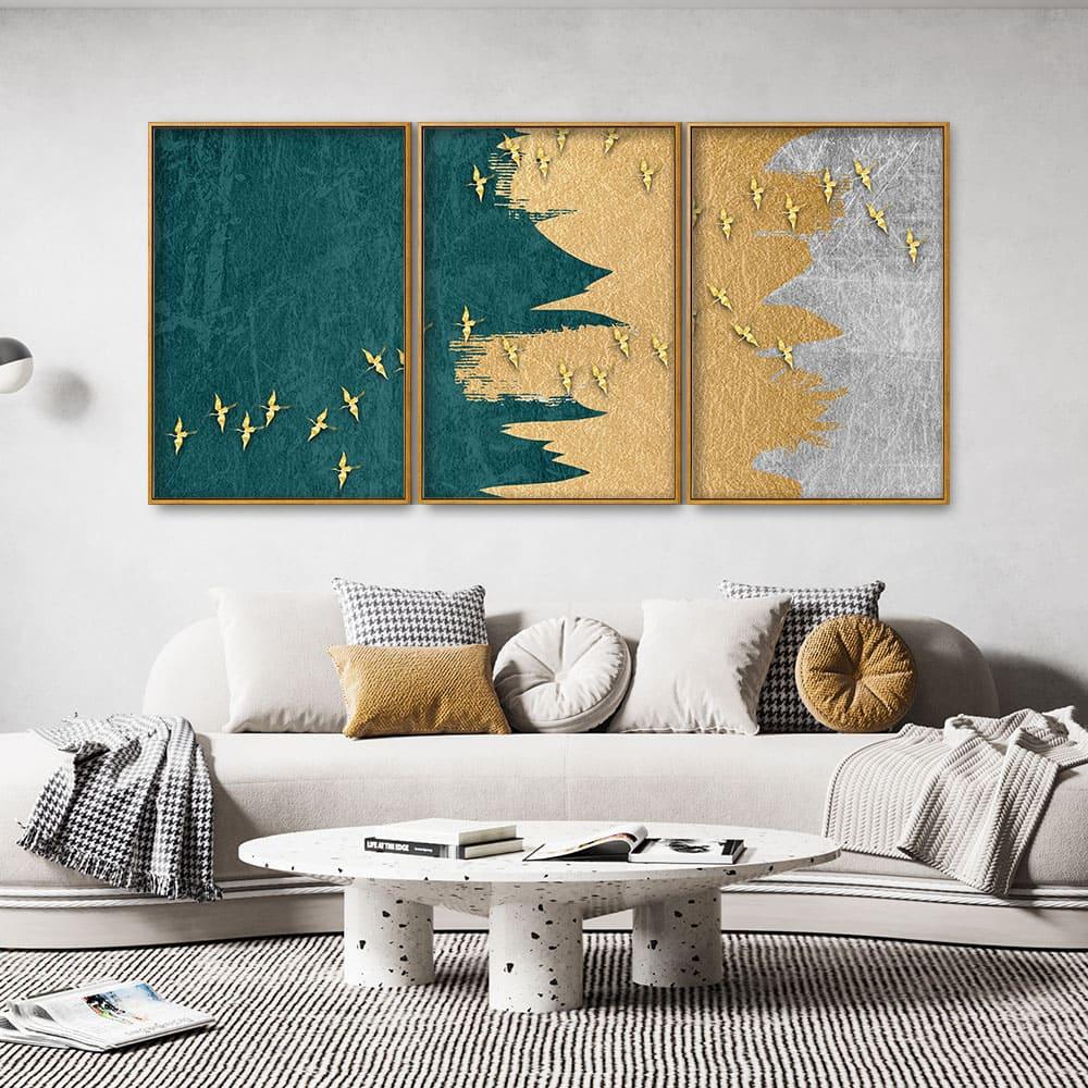 Golden Birds Flying Luxurious Art Premium Floating Canvas Wall Painting Set of Three - Decor Mantra 