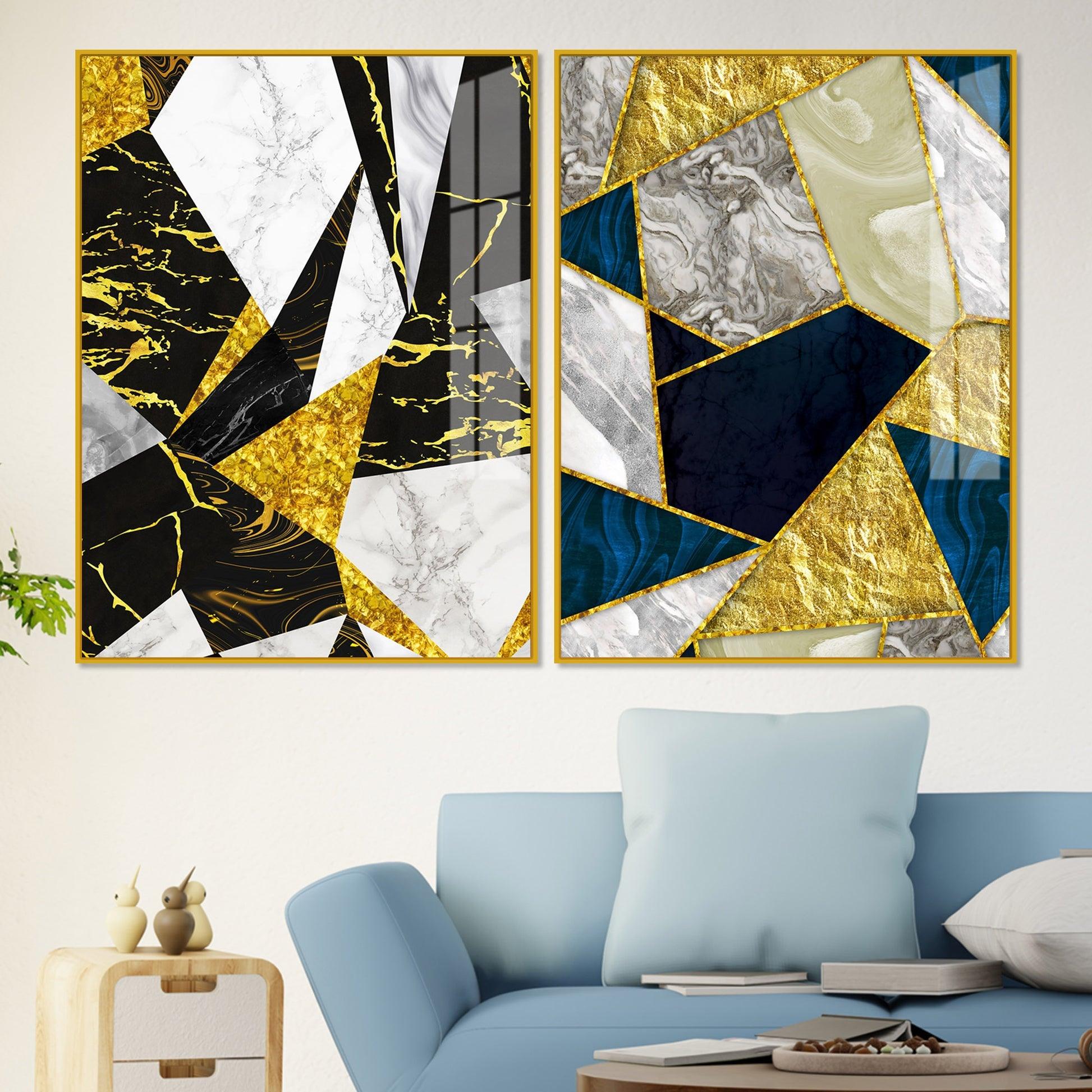 Premium Triangle Pattern Shapes Acrylic Floating Wall Painting Set Of 2 - Decor Mantra 