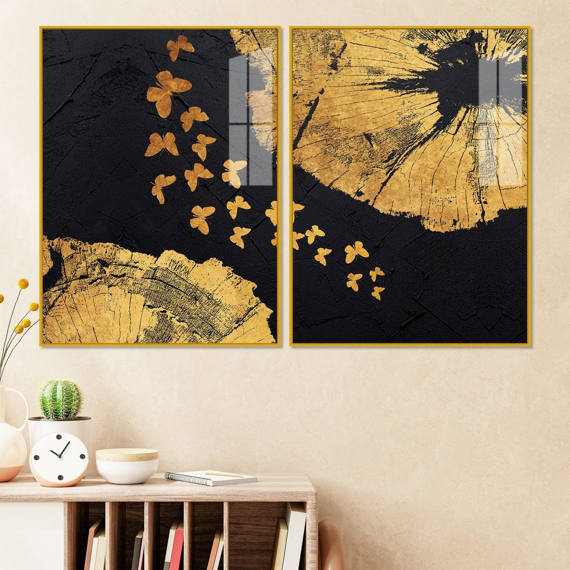Golden Butterflies Flying Acrylic Floating Wall Painting Set of 2 - Decor Mantra 