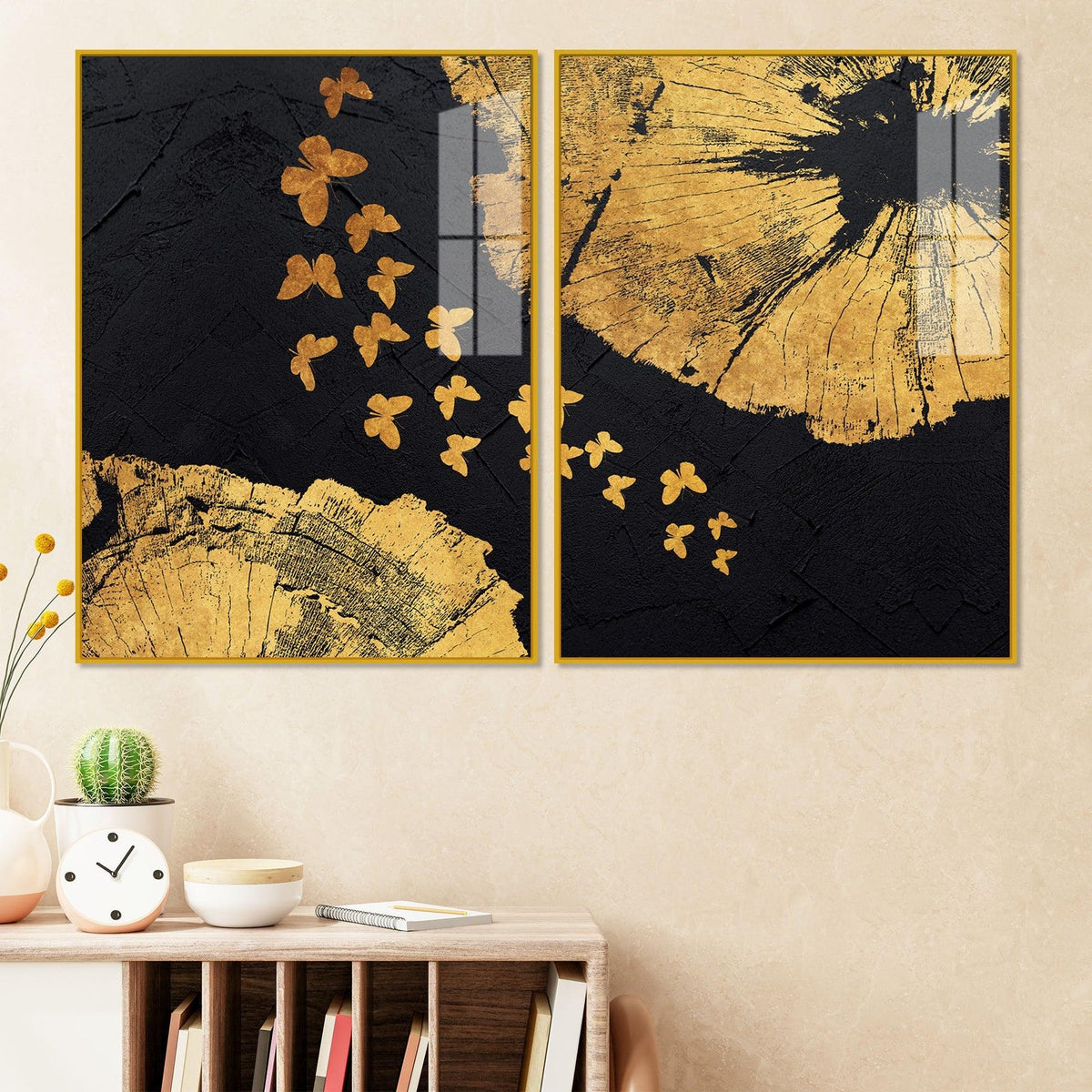Golden Butterflies Flying Acrylic Floating Wall Painting Set of 2 - Decor Mantra 