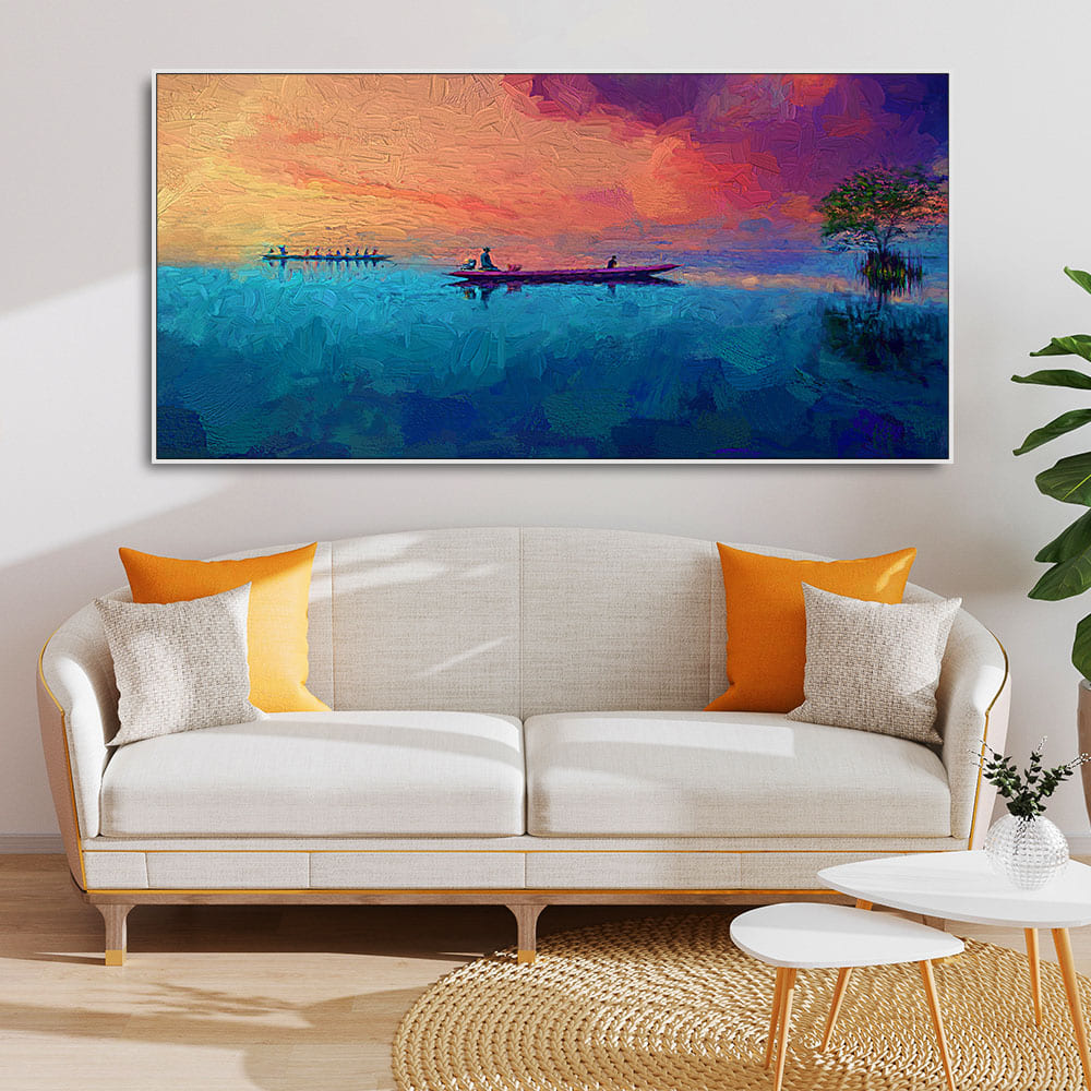 Beautiful Boat in The Ocean at Sunset Premium Canvas Wall Painting