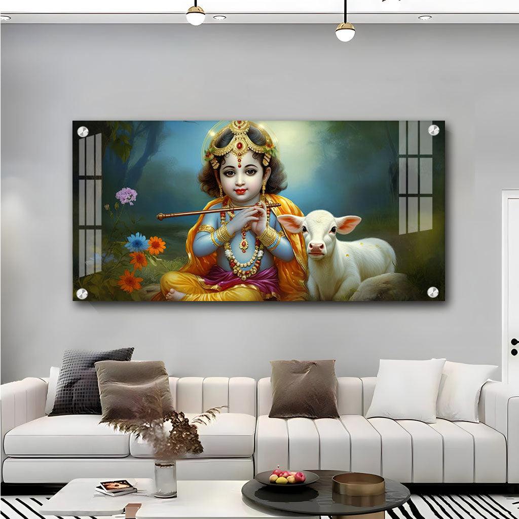 Horizontal Wall Art with Little Krishna, Bansuri & Cow in Premium Acrylic - Decor Mantra 