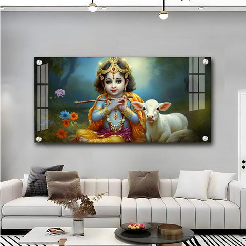 Horizontal Wall Art with Little Krishna, Bansuri & Cow in Premium Acrylic - Decor Mantra 