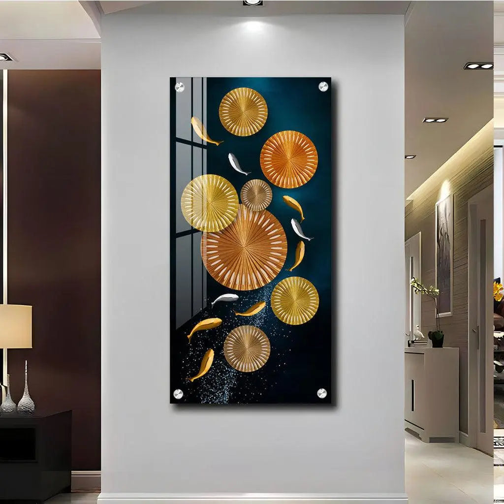 Premium Acrylic Vertical Wall Art: Carp and Lotus Pond - Decor Mantra 