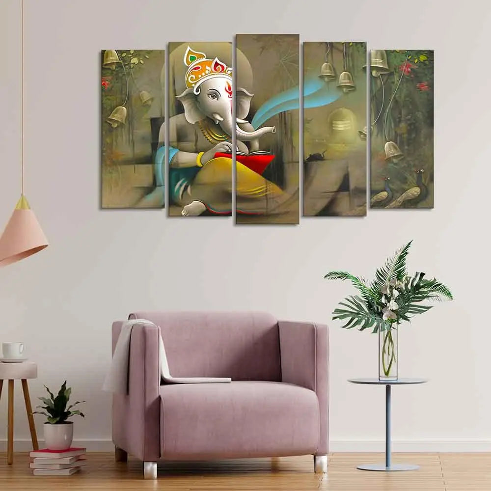 Beautiful Shree Ganesh Premium Wall Painting Set of Five Pieces - Decor Mantra 