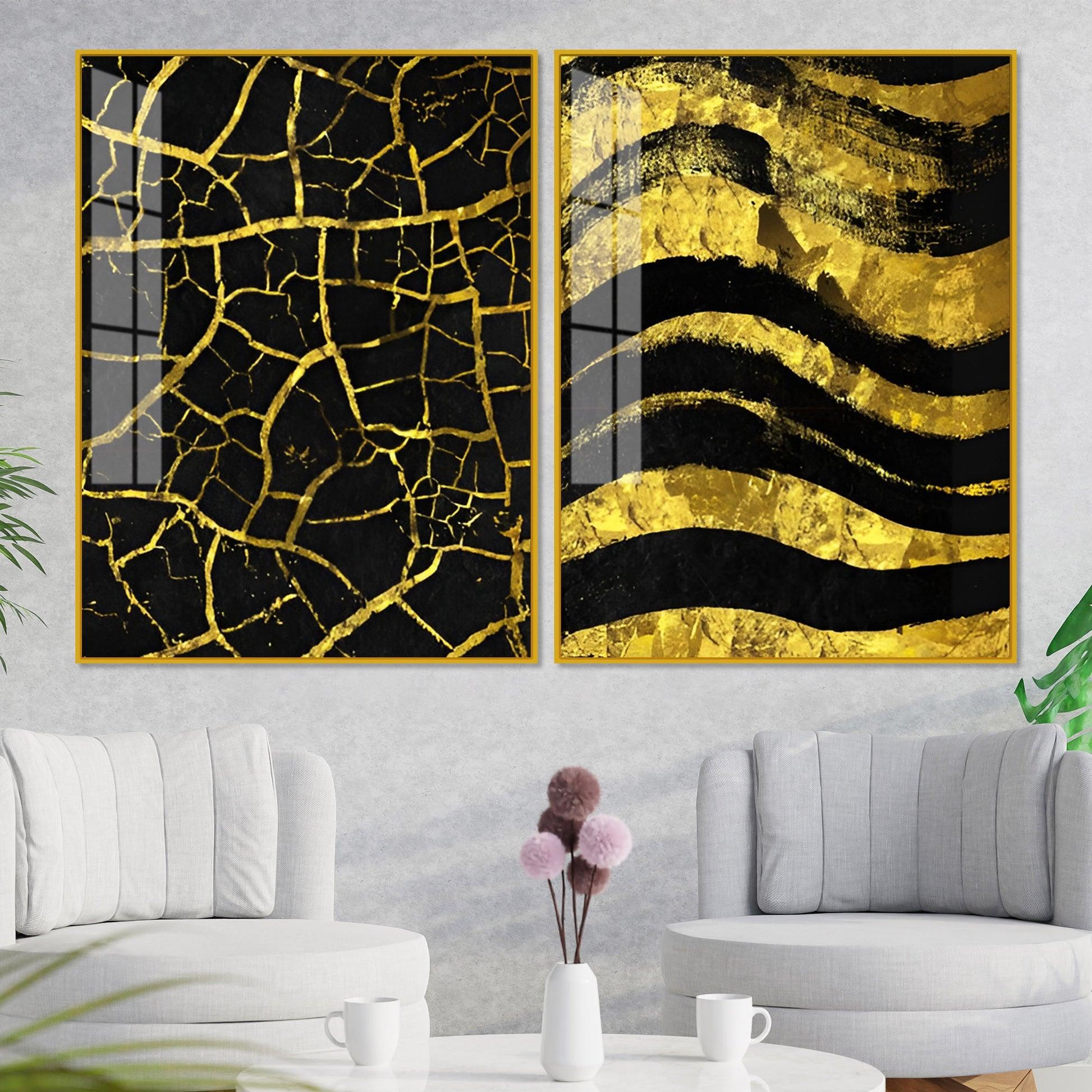 Luxury Black and Gold Marble Texture Acrylic Floating Wall Painting Set Of 2 - Decor Mantra 