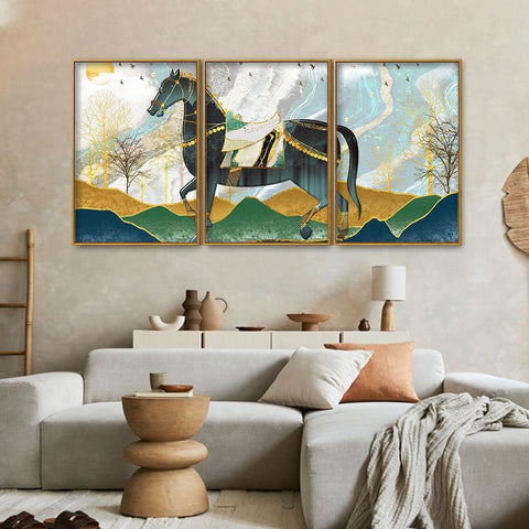 Modern Style Horse and Golden Colored Mountains Floating Canvas Wall Painting Set of Three - Decor Mantra 
