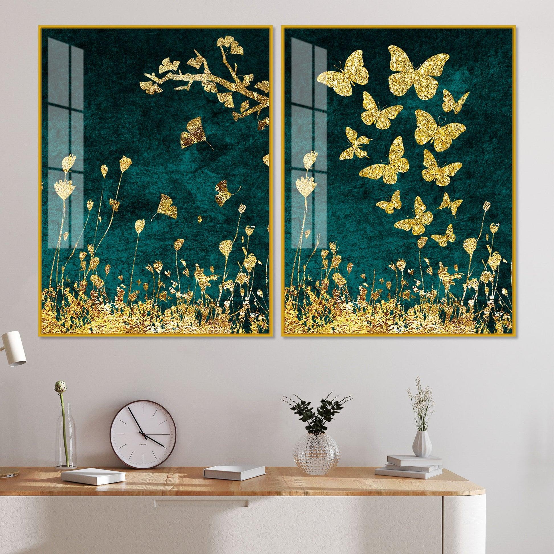 Golden Fishes Acrylic Floating Wall Painting Set of 2 - Decor Mantra 