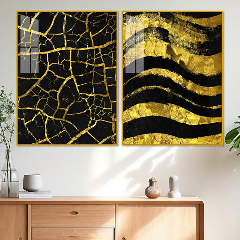 Luxury Black and Gold Marble Texture Acrylic Floating Wall Painting Set Of 2 - Decor Mantra 