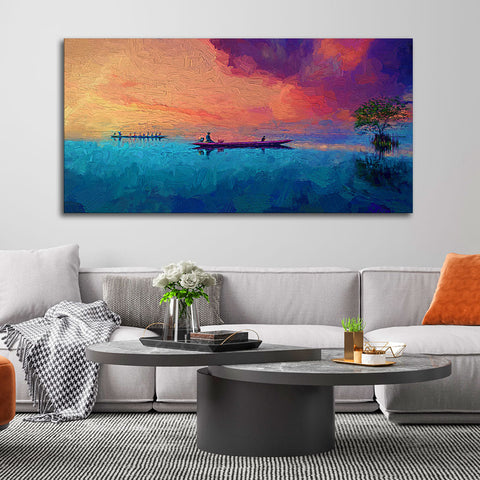 Beautiful Boat in The Ocean at Sunset Premium Canvas Wall Painting