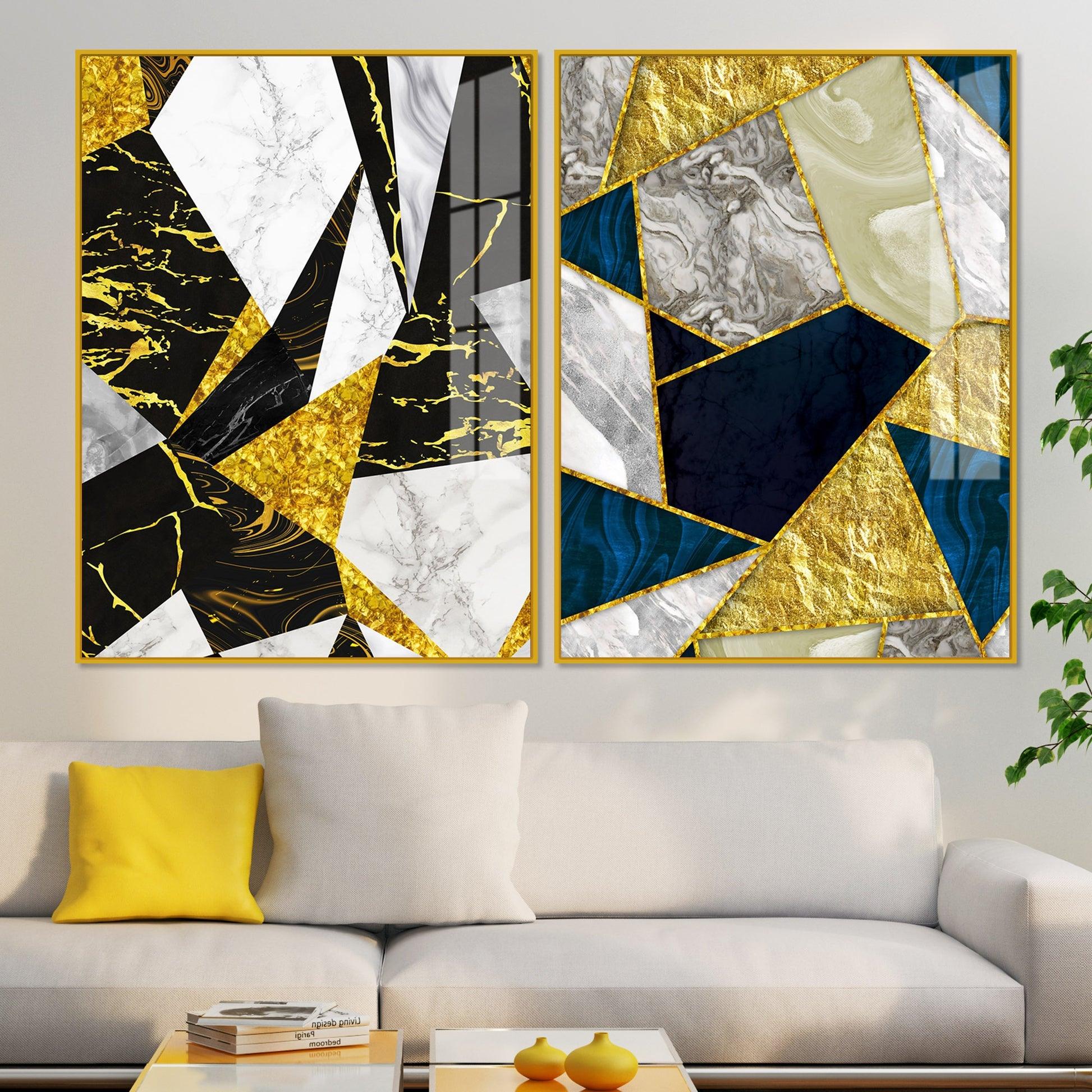 Premium Triangle Pattern Shapes Acrylic Floating Wall Painting Set Of 2 - Decor Mantra 