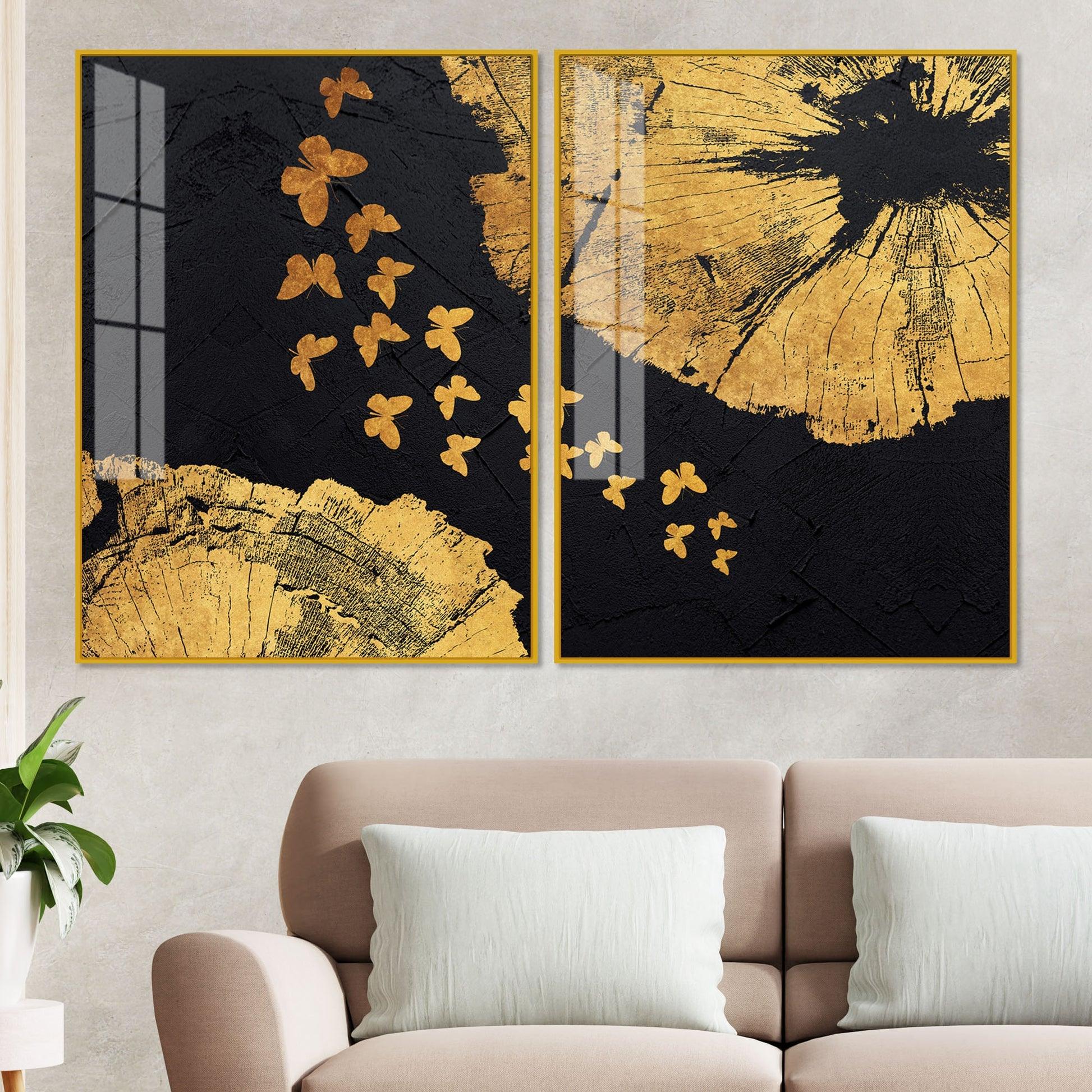 Golden Butterflies Flying Acrylic Floating Wall Painting Set of 2 - Decor Mantra 