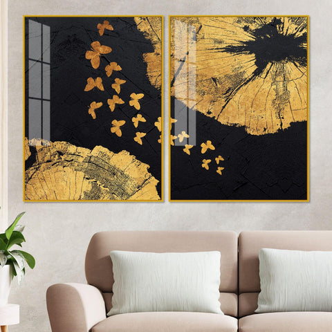 Golden Butterflies Flying Acrylic Floating Wall Painting Set of 2 - Decor Mantra 