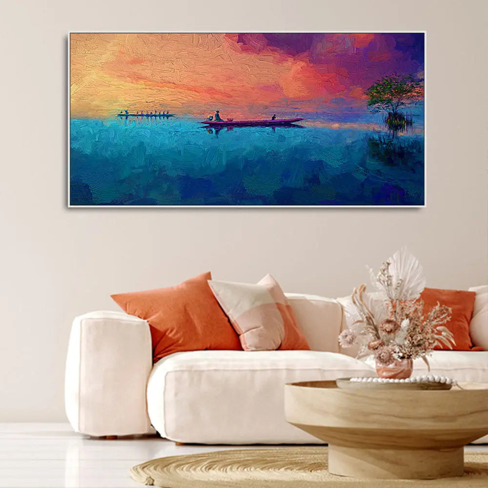 Beautiful Boat in The Ocean at Sunset Premium Canvas Wall Painting Decor Mantra