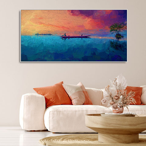 Beautiful Boat in The Ocean at Sunset Premium Canvas Wall Painting