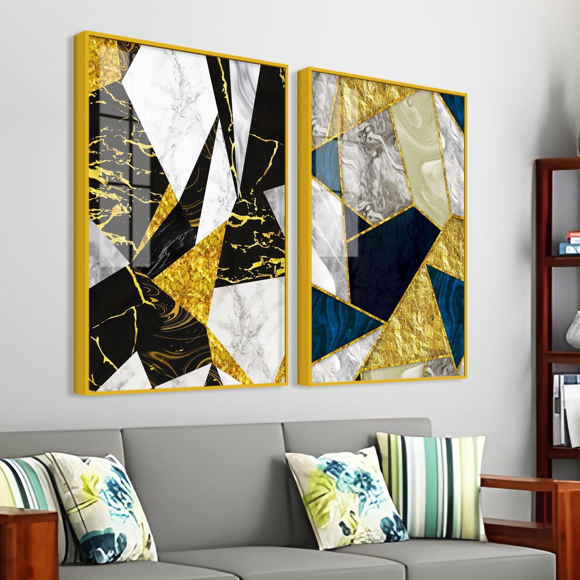 Premium Triangle Pattern Shapes Acrylic Floating Wall Painting Set Of 2 - Decor Mantra 