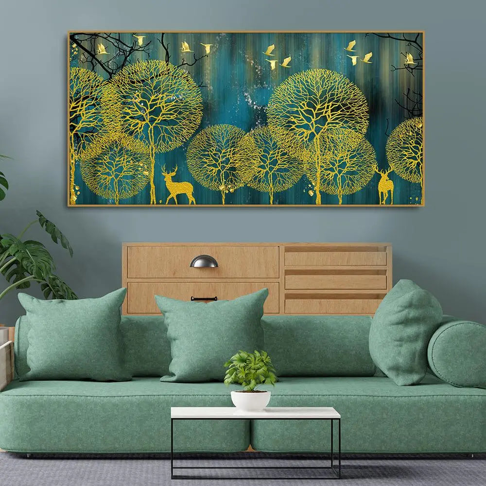 Golden Nightscape with Deers and Golden birds Canvas Wall Painting - Decor Mantra 