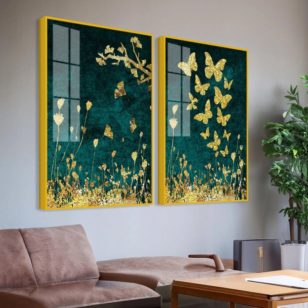 Golden Fishes Acrylic Floating Wall Painting Set of 2 - Decor Mantra 
