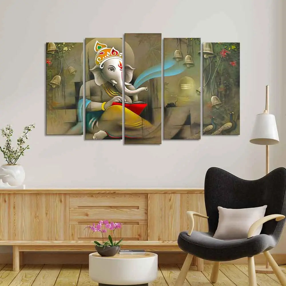Beautiful Shree Ganesh Premium Wall Painting Set of Five Pieces - Decor Mantra 