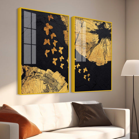 Golden Butterflies Flying Acrylic Floating Wall Painting Set of 2 - Decor Mantra 