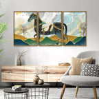 Modern Style Horse and Golden Colored Mountains Floating Canvas Wall Painting Set of Three - Decor Mantra 