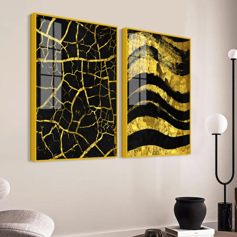 Luxury Black and Gold Marble Texture Acrylic Floating Wall Painting Set Of 2 - Decor Mantra 