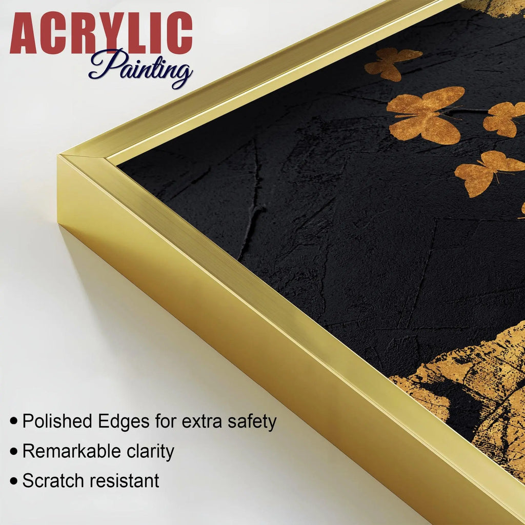 Golden Butterflies Flying Acrylic Floating Wall Painting Set of 2 - Decor Mantra 