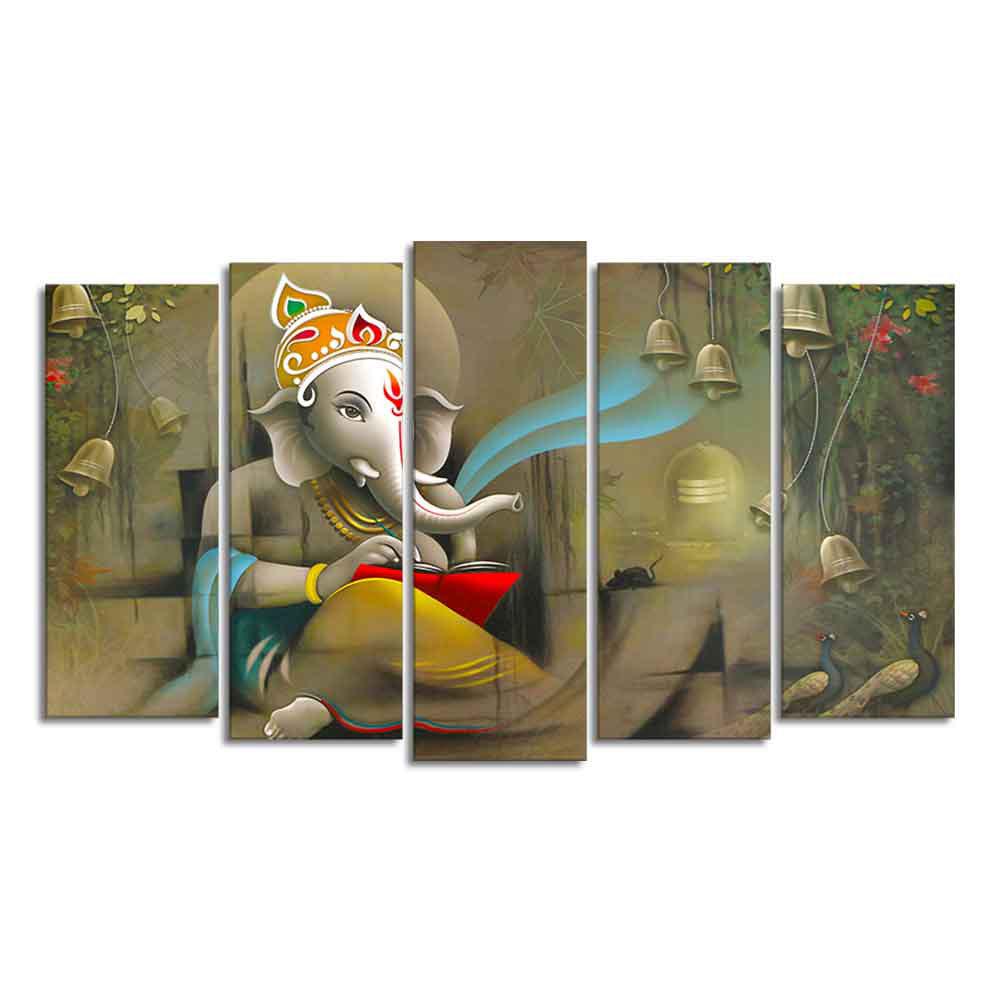 Beautiful Shree Ganesh Premium Wall Painting Set of Five Pieces - Decor Mantra 