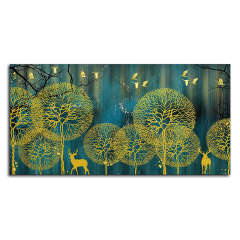 Golden Nightscape with Deers and Golden birds Canvas Wall Painting - Decor Mantra 