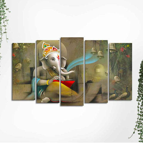 Beautiful Shree Ganesh Premium Wall Painting Set of Five Pieces - Decor Mantra 
