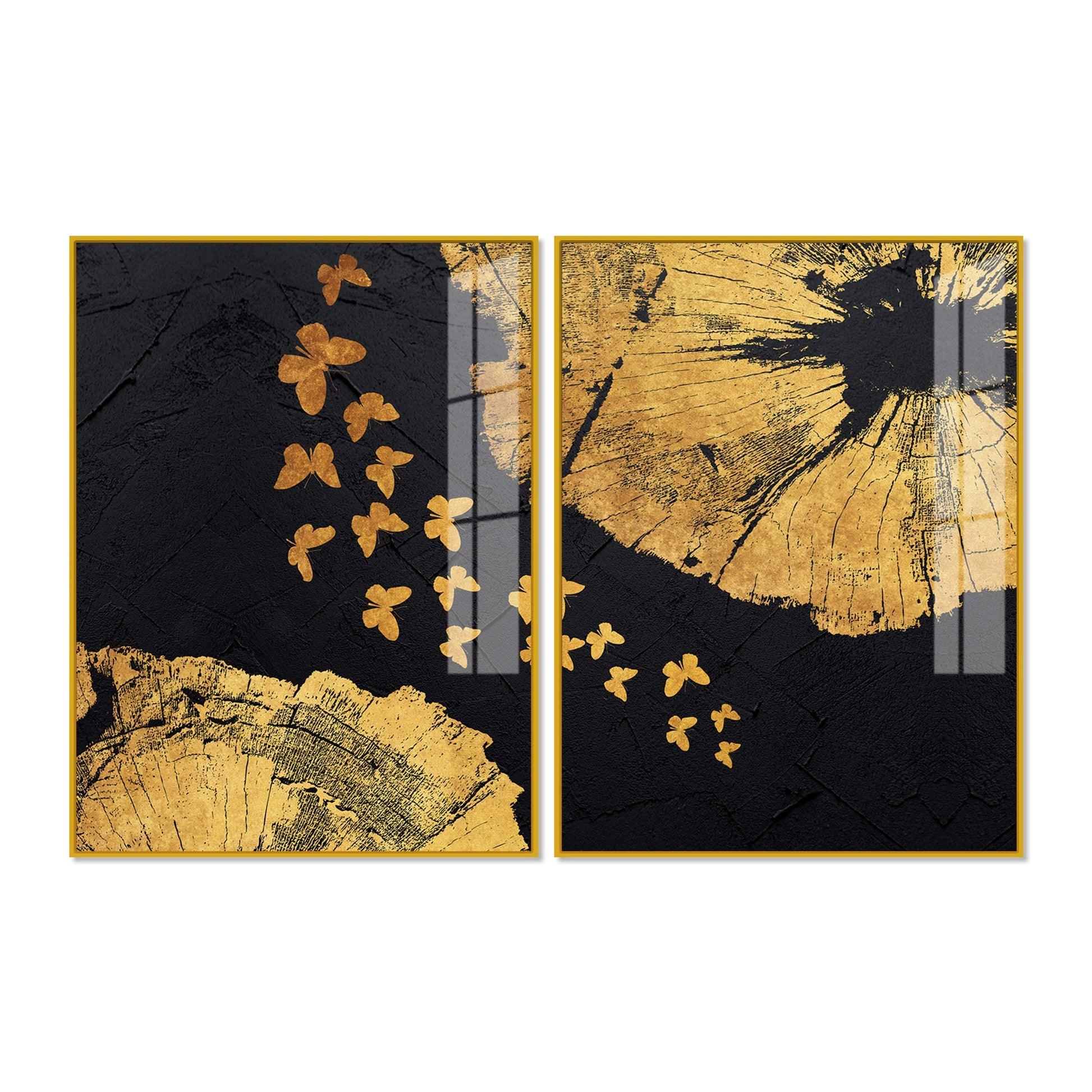 Golden Butterflies Flying Acrylic Floating Wall Painting Set of 2 - Decor Mantra 
