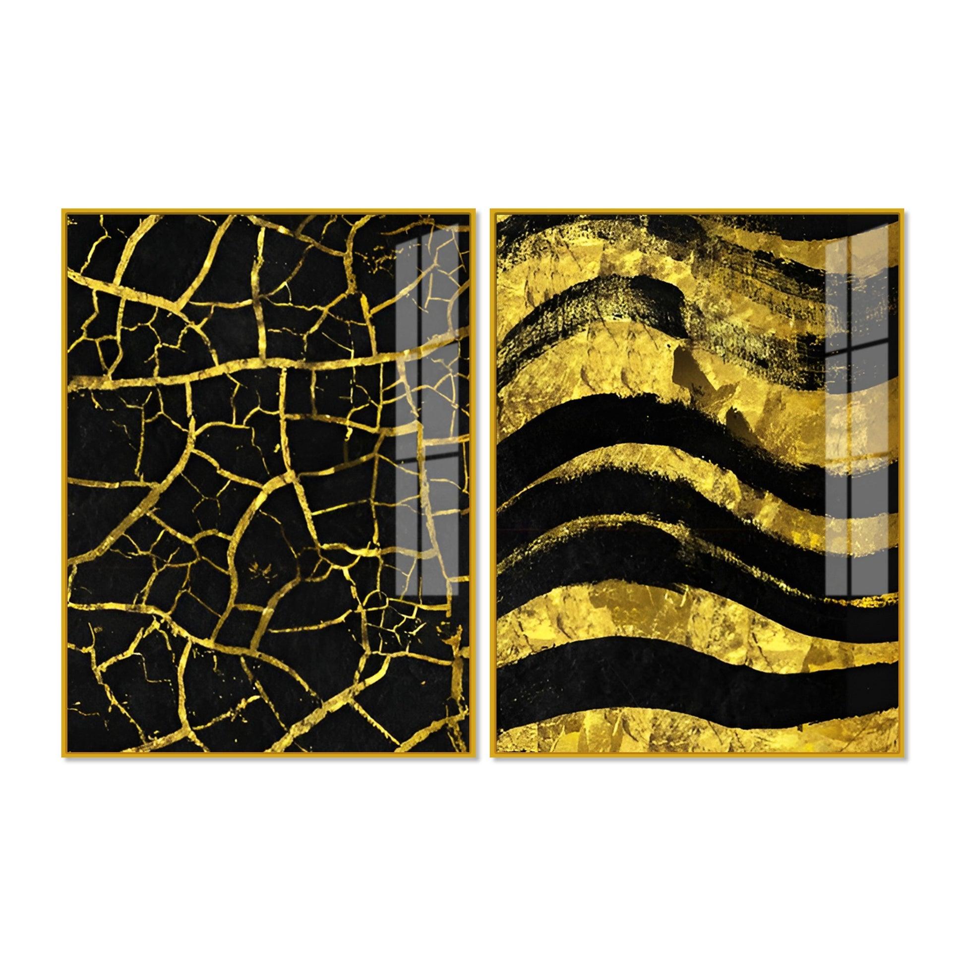 Luxury Black and Gold Marble Texture Acrylic Floating Wall Painting Set Of 2 - Decor Mantra 