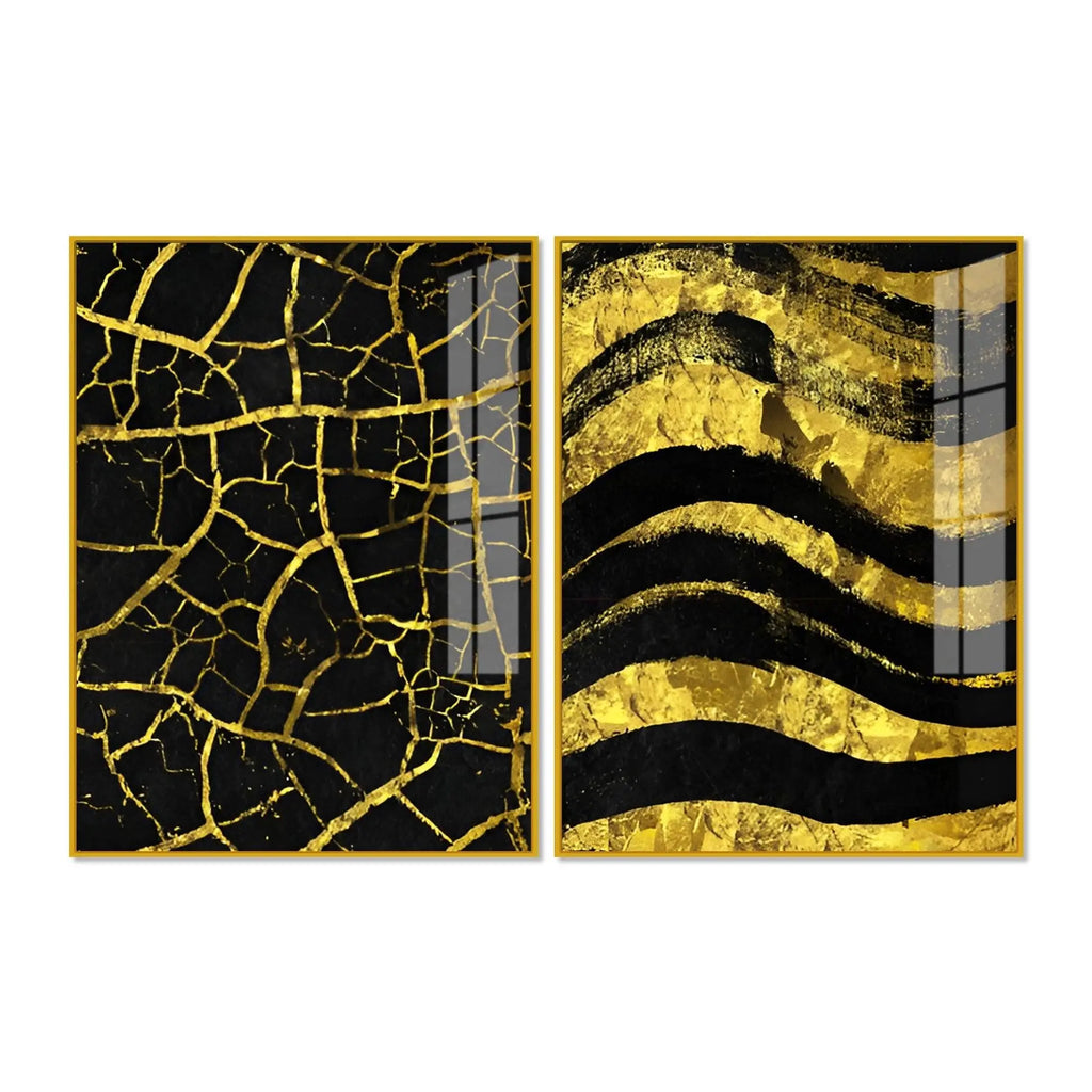 Luxury Black and Gold Marble Texture Acrylic Floating Wall Painting Set Of 2 - Decor Mantra 