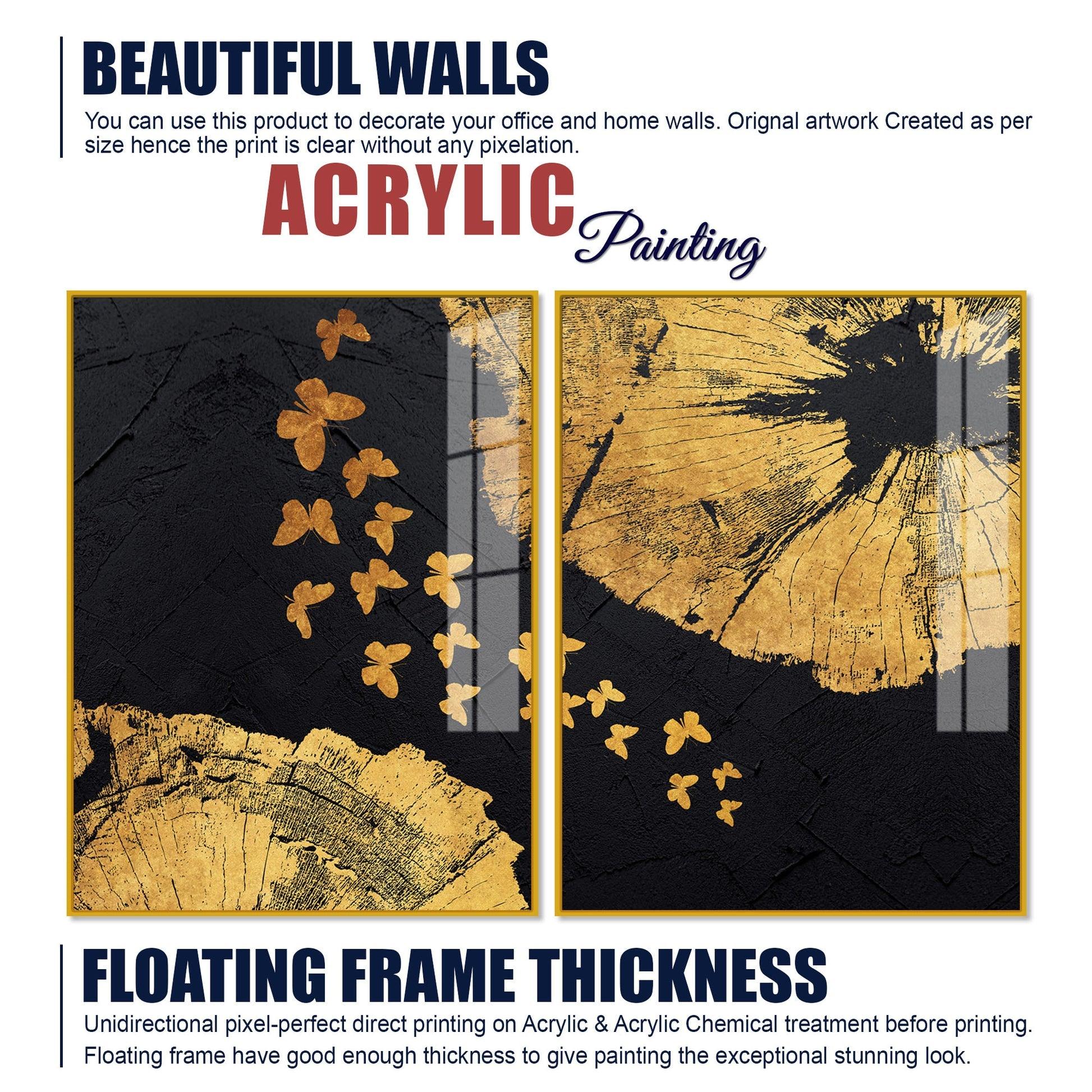Golden Butterflies Flying Acrylic Floating Wall Painting Set of 2 - Decor Mantra 