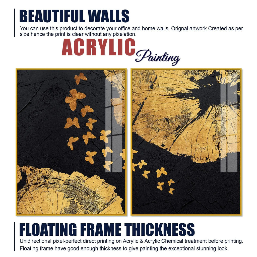 Golden Butterflies Flying Acrylic Floating Wall Painting Set of 2 - Decor Mantra 