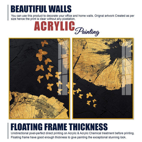 Golden Butterflies Flying Acrylic Floating Wall Painting Set of 2 - Decor Mantra 