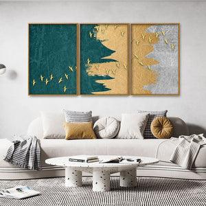 Golden Birds Flying Luxurious Art Premium Floating Canvas Wall Painting Set of Three - Decor Mantra 