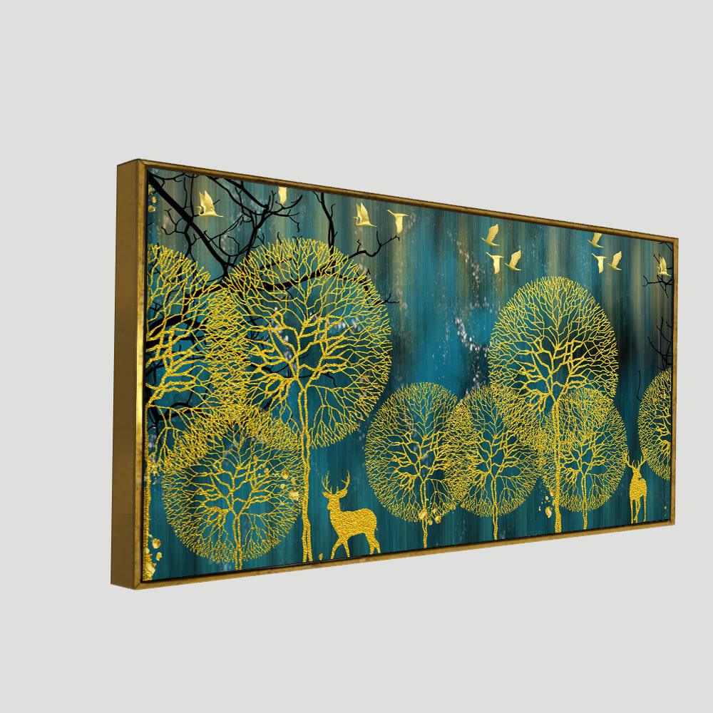Golden Nightscape with Deers and Golden birds Canvas Wall Painting - Decor Mantra 