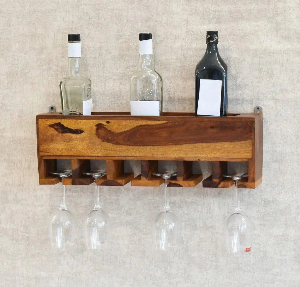 Yellow Natural Decorative Teak Wood Wall Mounted Mini Bar Shelf - Decor Mantra 