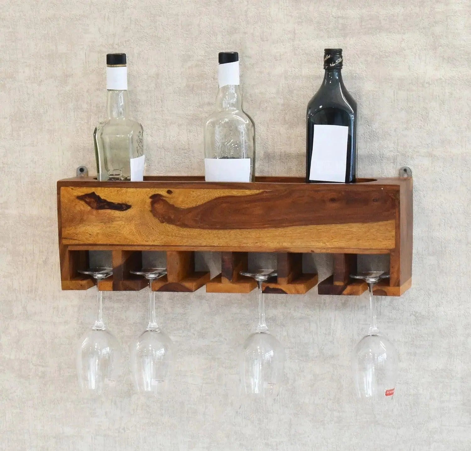 Yellow Natural Decorative Teak Wood Wall Mounted Mini Bar Shelf - Decor Mantra 
