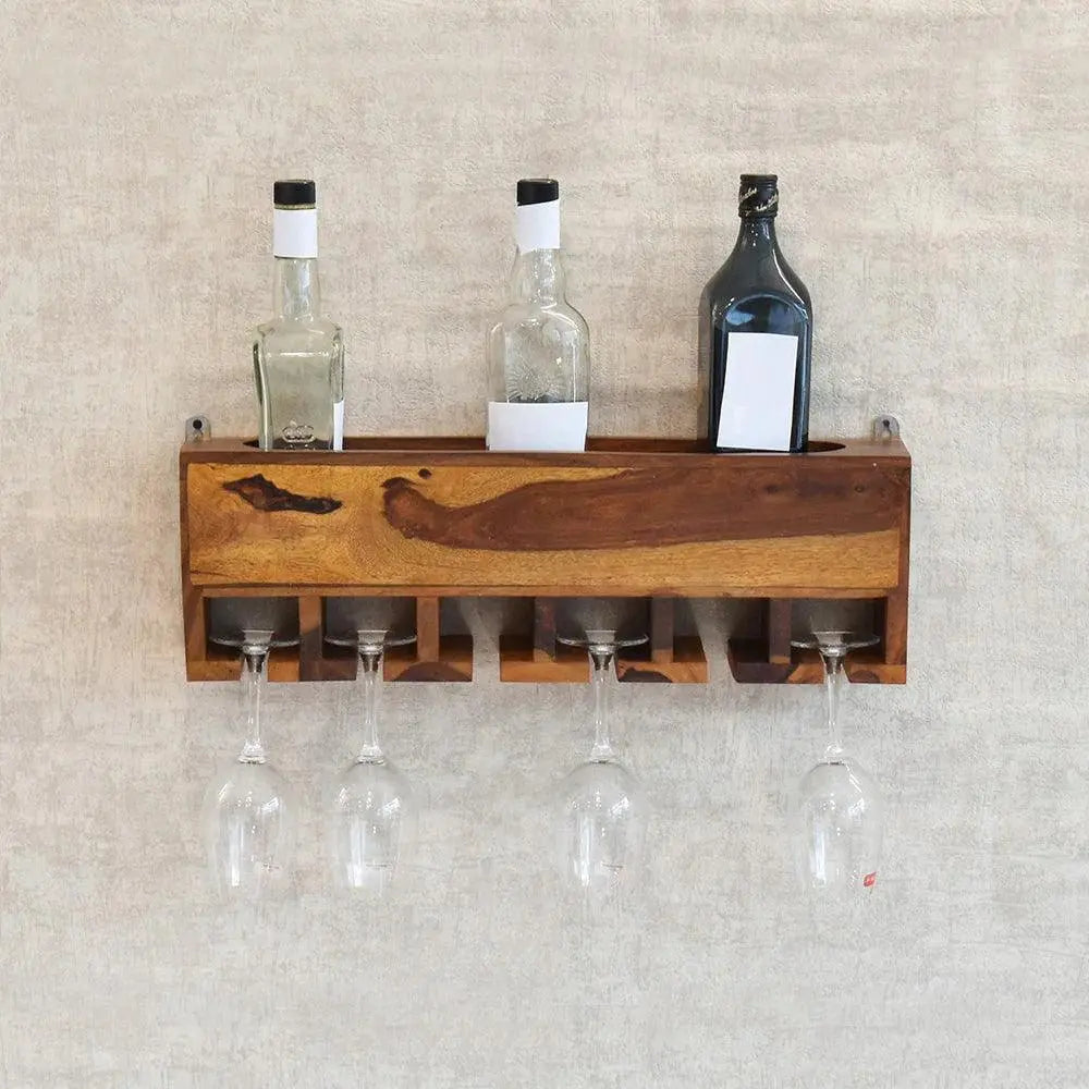 Yellow Natural Decorative Teak Wood Wall Mounted Mini Bar Shelf - Decor Mantra 