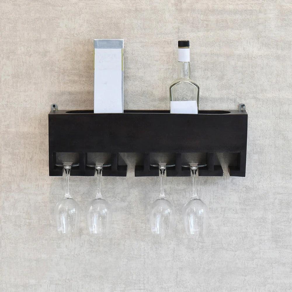 Premium Dark Color Walnut Wood Wall Mounted Mini Bar Shelf - Decor Mantra 