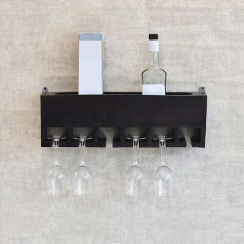 Premium Dark Color Walnut Wood Wall Mounted Mini Bar Shelf - Decor Mantra 