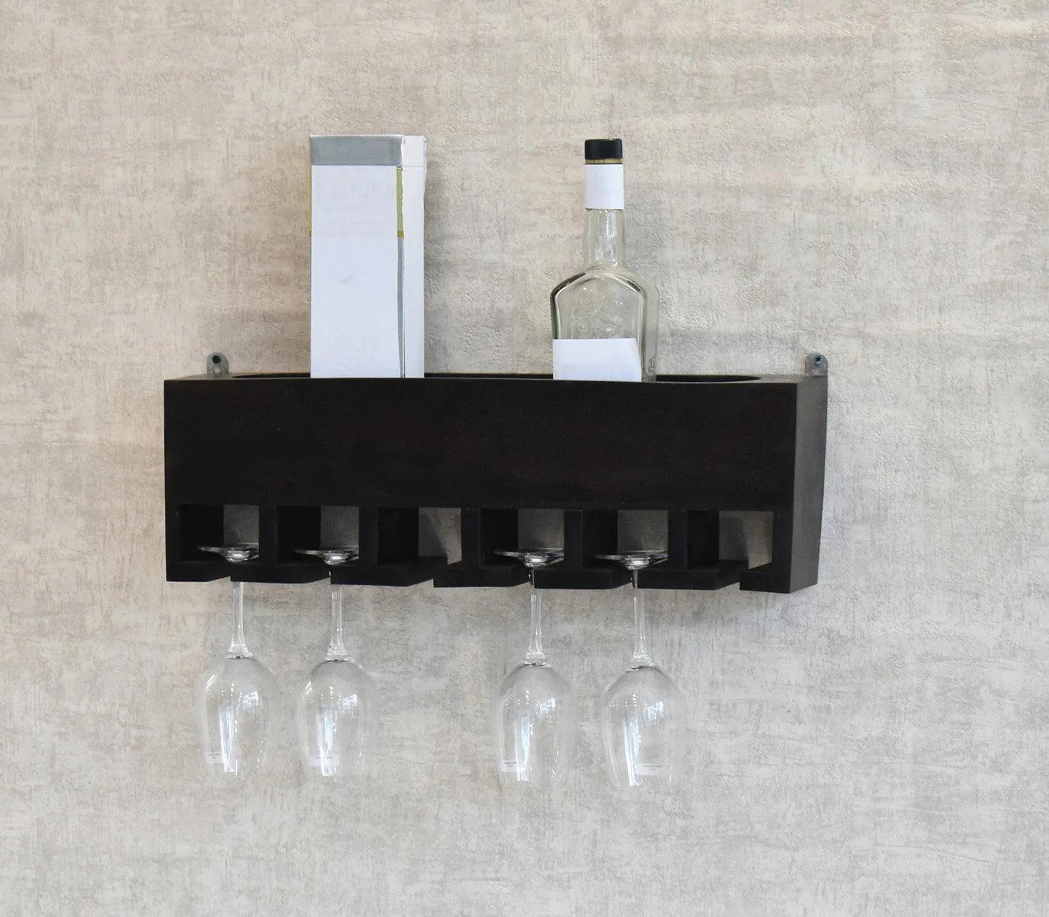 Premium Dark Color Walnut Wood Wall Mounted Mini Bar Shelf - Decor Mantra 