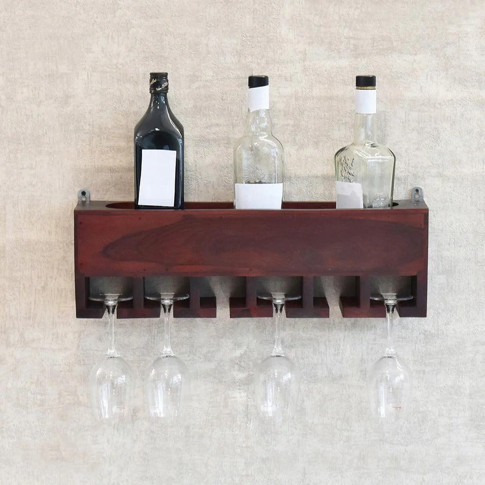 Premium Dark Red Mahagony Wood Wall Mounted Mini Bar Shelf - Decor Mantra 