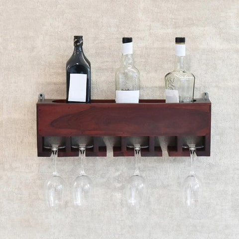 Premium Dark Red Mahagony Wood Wall Mounted Mini Bar Shelf - Decor Mantra 