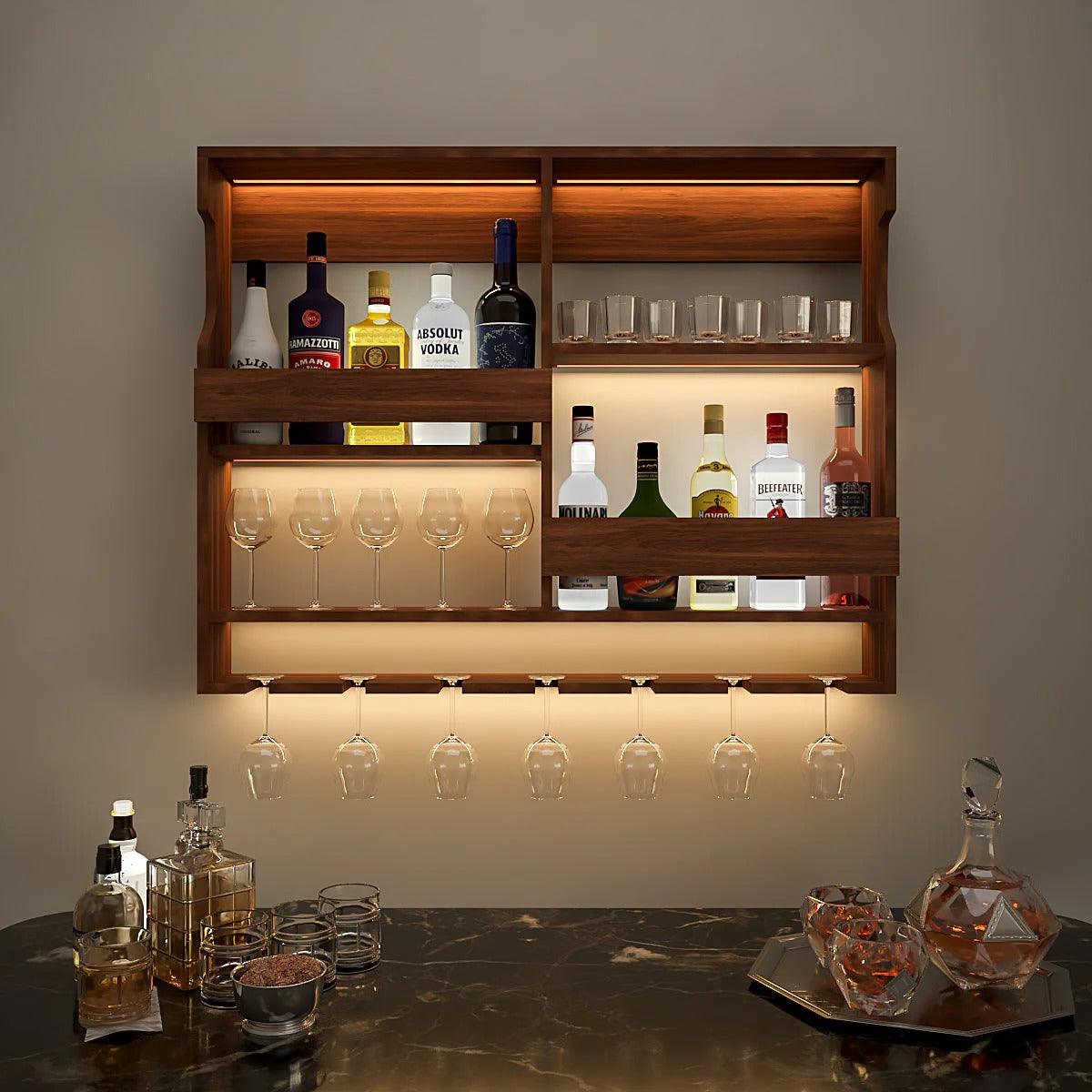 Luxurious Stylish Backlit Walnut Finished Mini Bar Shelf - Decor Mantra 