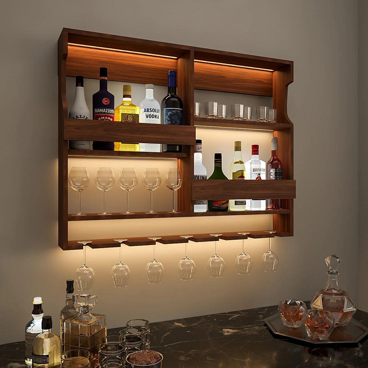 Luxurious Stylish Backlit Walnut Finished Mini Bar Shelf - Decor Mantra 