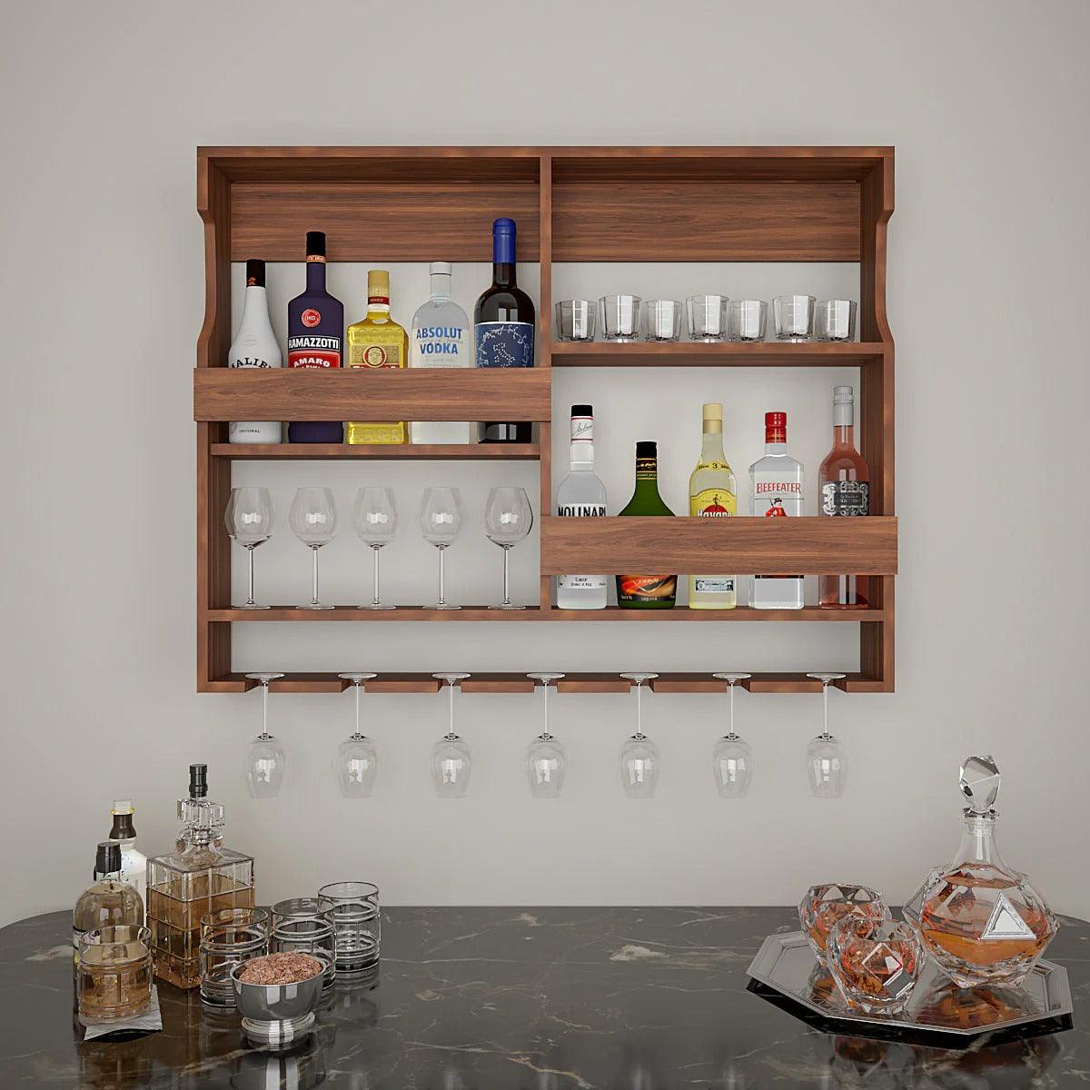 Luxurious Stylish Backlit Walnut Finished Mini Bar Shelf - Decor Mantra 